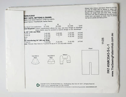 KWIK SEW Sewing Pattern, K3543, Hats, Mittens, Shawls, Size S-L