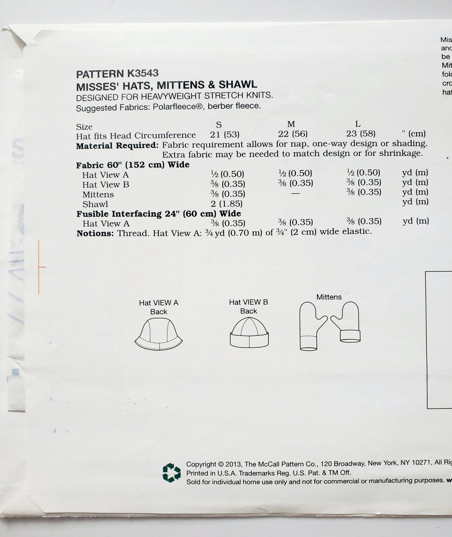KWIK SEW Sewing Pattern, K3543, Hats, Mittens, Shawls, Size S-L