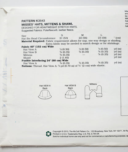 KWIK SEW Sewing Pattern, K3543, Hats, Mittens, Shawls, Size S-L