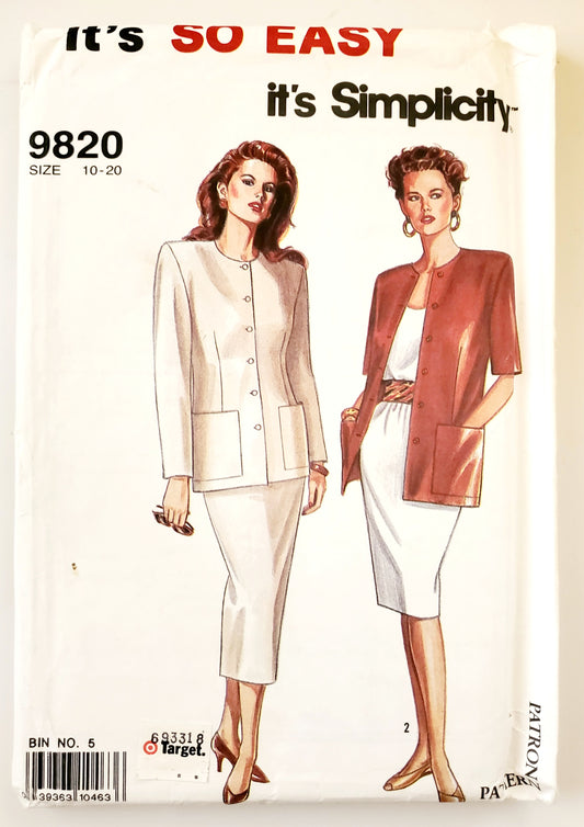 SIMPLICITY Sewing Pattern 9820, Unlined Jacket, Skirt, Skirt in Two Lengths, Size 10-20
