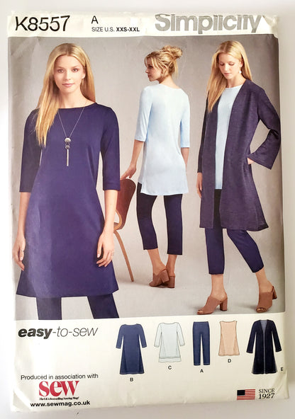 SIMPLICITY Sewing Pattern K8557, Cropped Pants, Dress, Tunic, Duster, Size XXS-XXL, Size 4-26