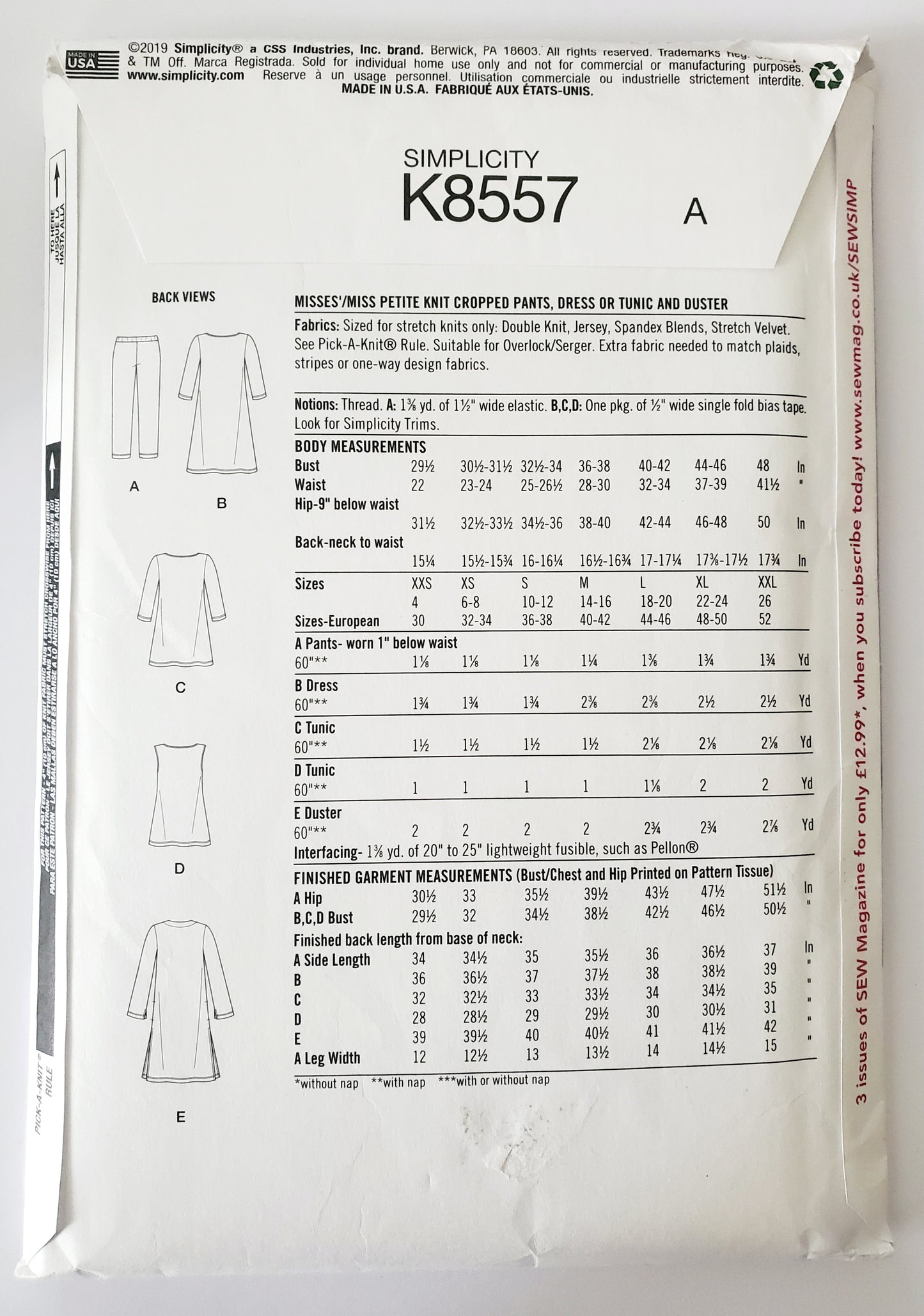 SIMPLICITY Sewing Pattern K8557, Cropped Pants, Dress, Tunic, Duster, Size XXS-XXL, Size 4-26