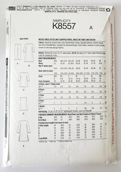 SIMPLICITY Sewing Pattern K8557, Cropped Pants, Dress, Tunic, Duster, Size XXS-XXL, Size 4-26