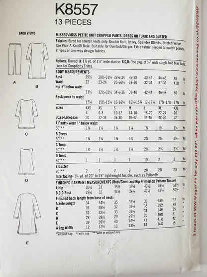 SIMPLICITY Sewing Pattern K8557, Cropped Pants, Dress, Tunic, Duster, Size XXS-XXL, Size 4-26