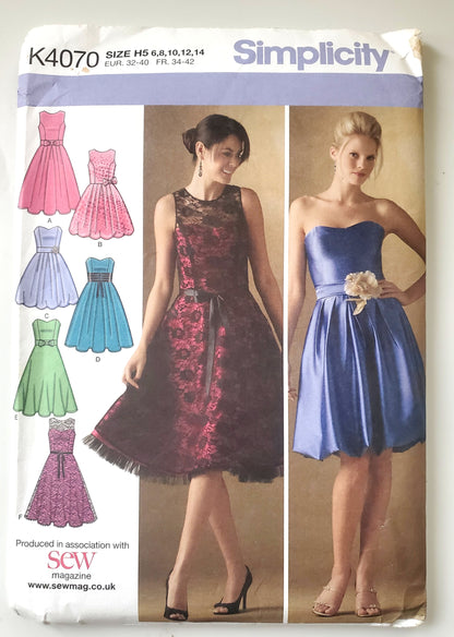 SIMPLICITY Sewing Pattern K4070, Strapless Dress, Dress, Overlay, Size 6-14