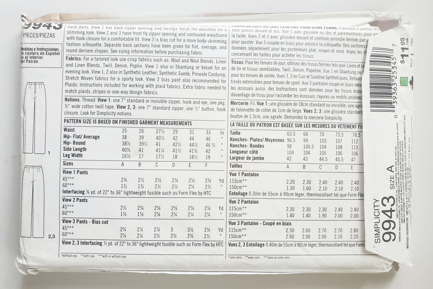 SIMPLICITY Sewing Pattern 9943, Pants, Fit Rules, Straight Leg Pants, Size 6-16