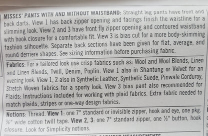 SIMPLICITY Sewing Pattern 9943, Pants, Fit Rules, Straight Leg Pants, Size 6-16
