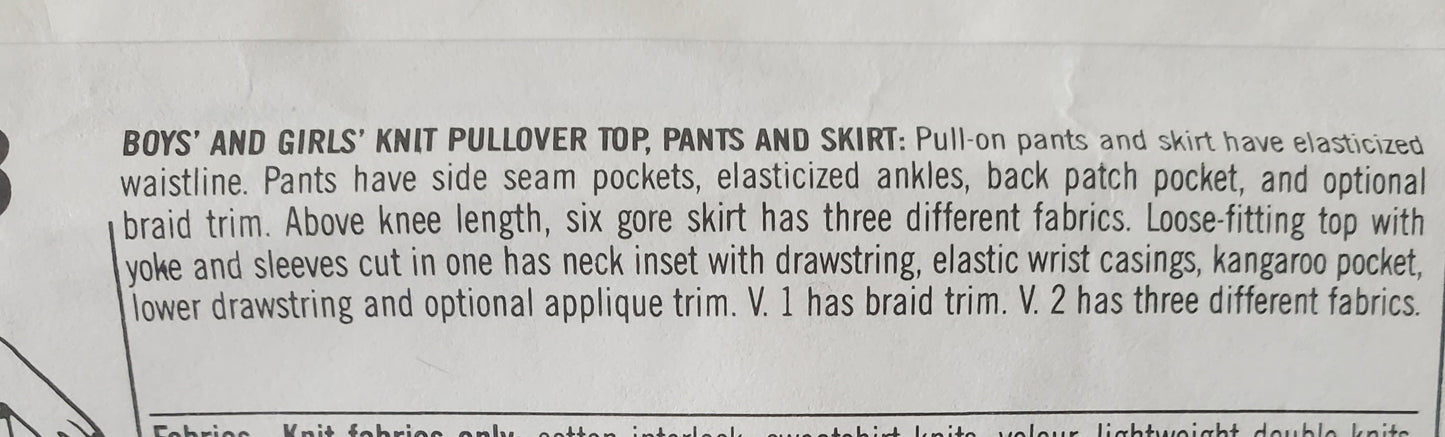 SIMPLICITY Sewing Pattern 9883, Kids, Unisex Knit Pullover Top, Pants, Skirts, Boys, Girls, Size Small - Large