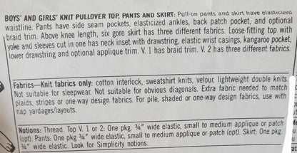 SIMPLICITY Sewing Pattern 9883, Kids, Unisex Knit Pullover Top, Pants, Skirts, Boys, Girls, Size Small - Large