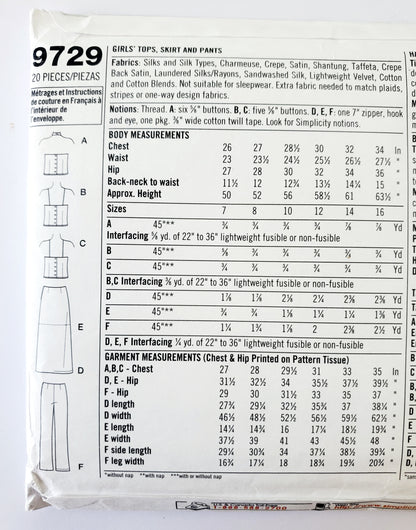 SIMPLICITY Sewing Pattern 9729, Kids, Teens, Girls, Tops, Skirts, Pants, Dance Outfit, Performance Outfit, Special Occasion, Size 7-16