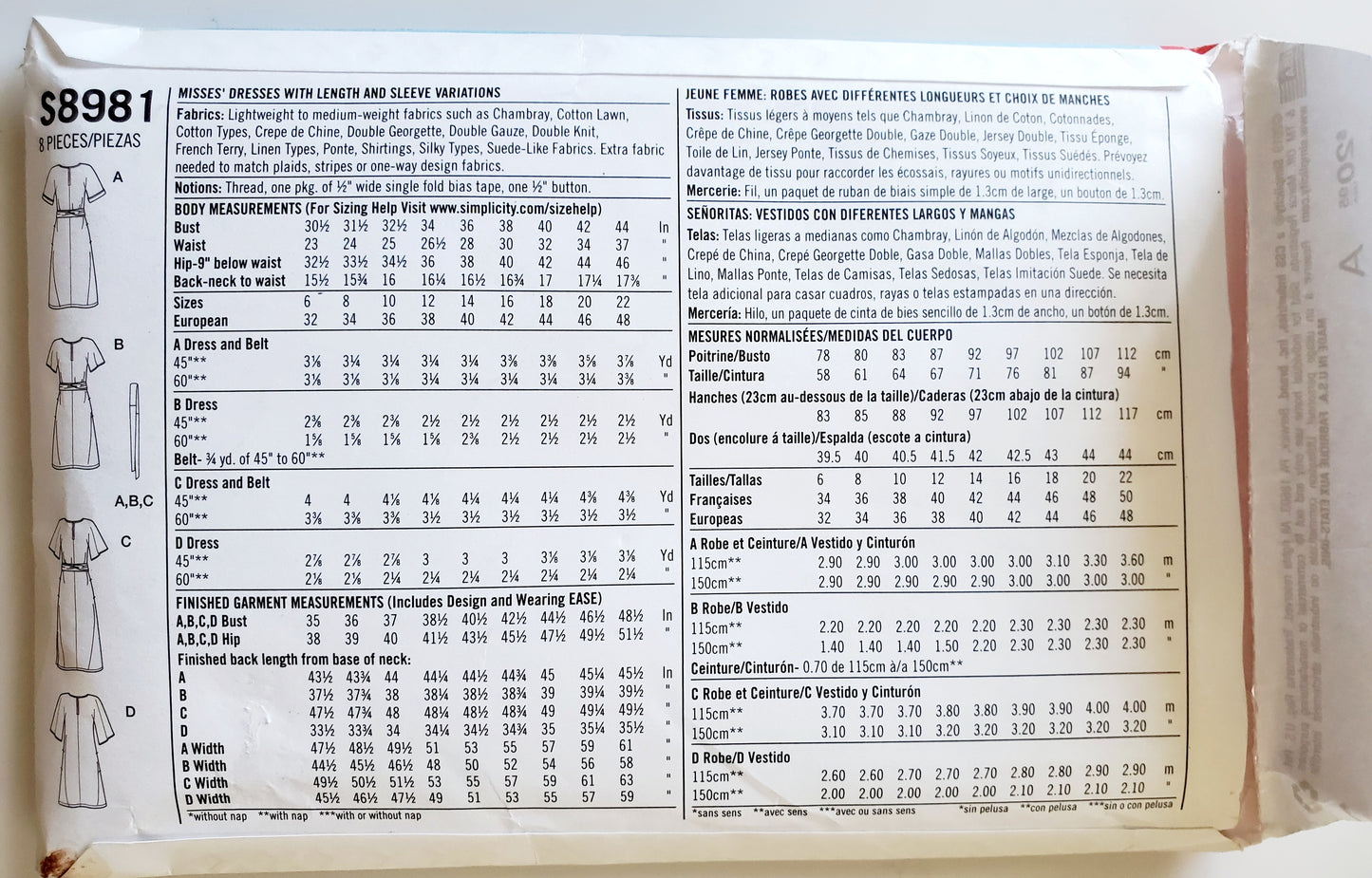 SIMPLICITY Sewing Pattern S8981, Dress, Fabric Belt, Size 6-14
