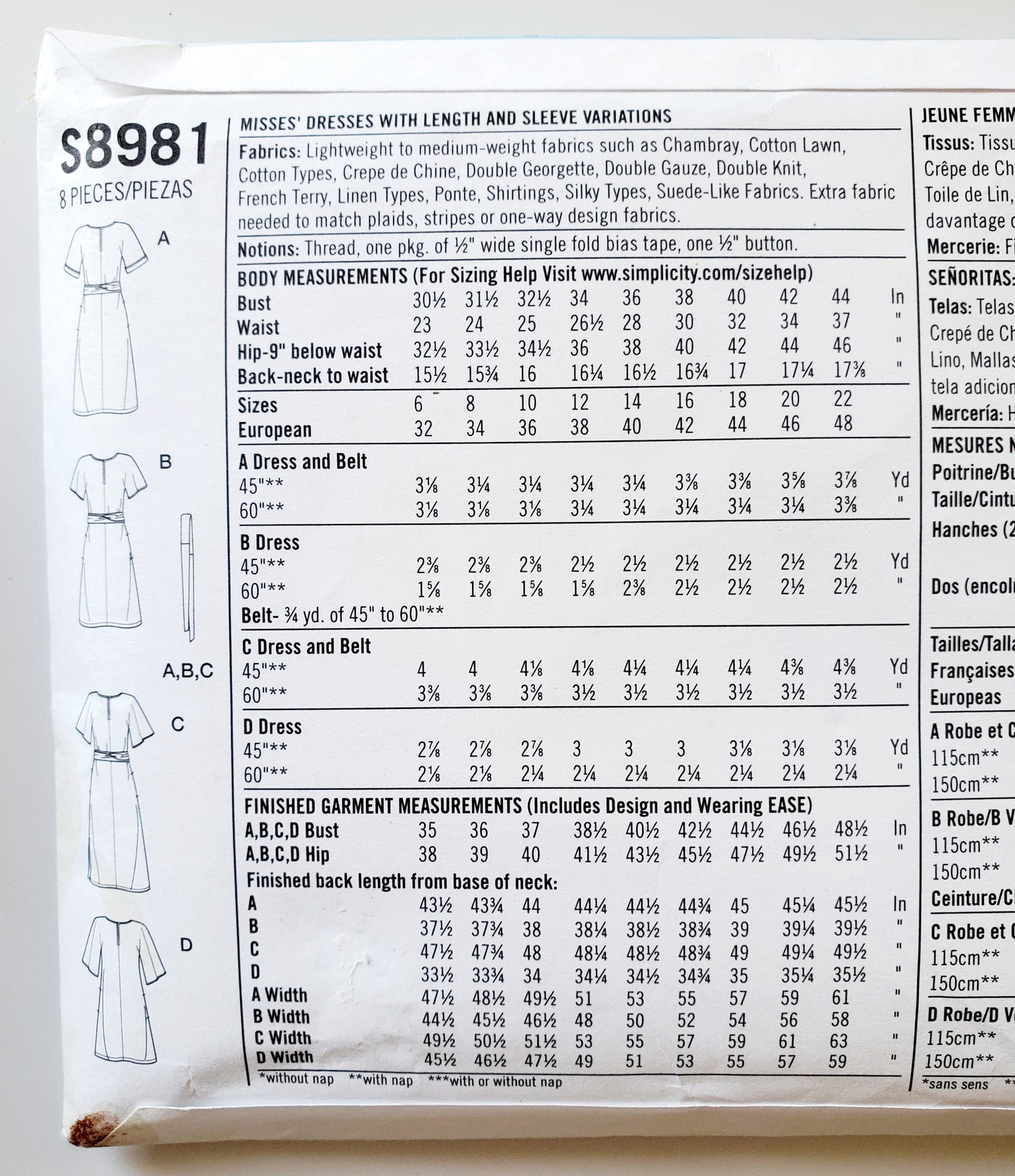 SIMPLICITY Sewing Pattern S8981, Dress, Fabric Belt, Size 6-14