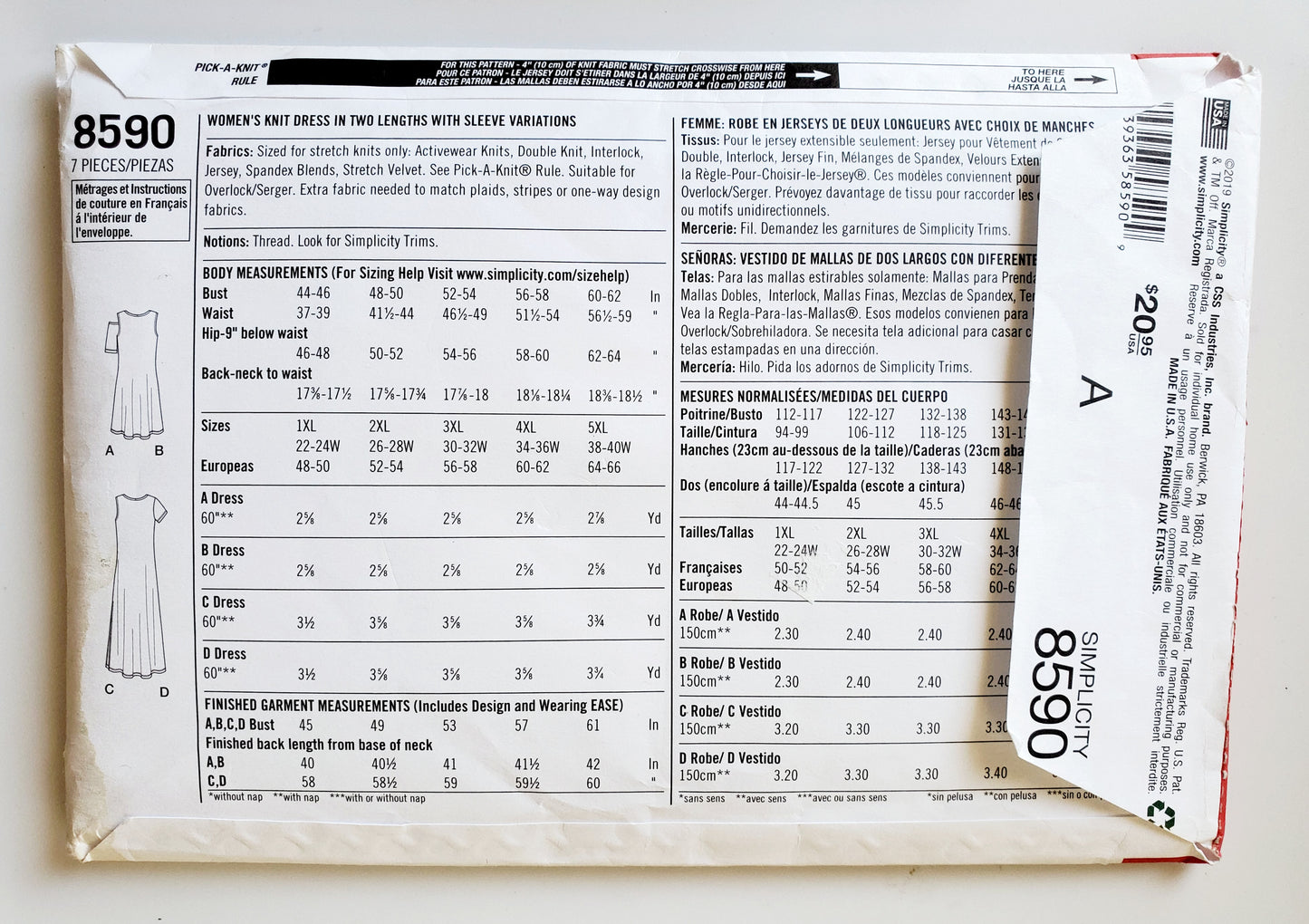 SIMPLICITY Sewing Pattern 8590, Dress, Knit Dress, Plus Size, Size 22-40