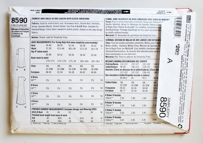 SIMPLICITY Sewing Pattern 8590, Dress, Knit Dress, Plus Size, Size 22-40