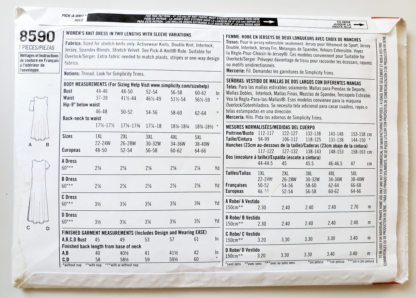 SIMPLICITY Sewing Pattern 8590, Dress, Knit Dress, Plus Size, Size 22-40