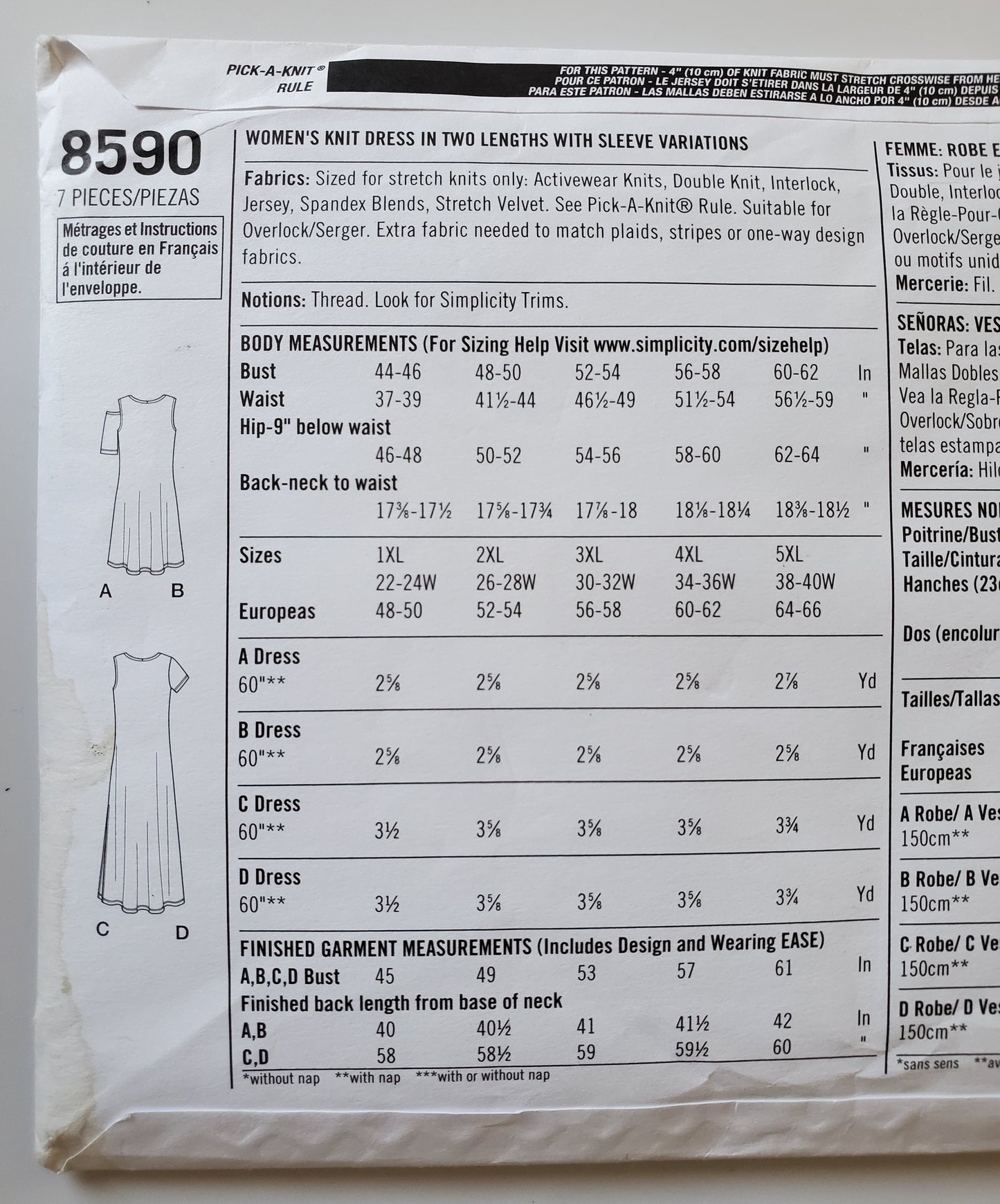 SIMPLICITY Sewing Pattern 8590, Dress, Knit Dress, Plus Size, Size 22-40