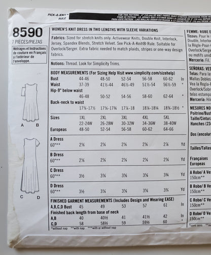 SIMPLICITY Sewing Pattern 8590, Dress, Knit Dress, Plus Size, Size 22-40
