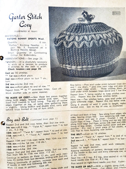 Vintage 1950's Patons Knitting Book No. 252. Tea Cozy Lampshade Bag Toy Rugs
