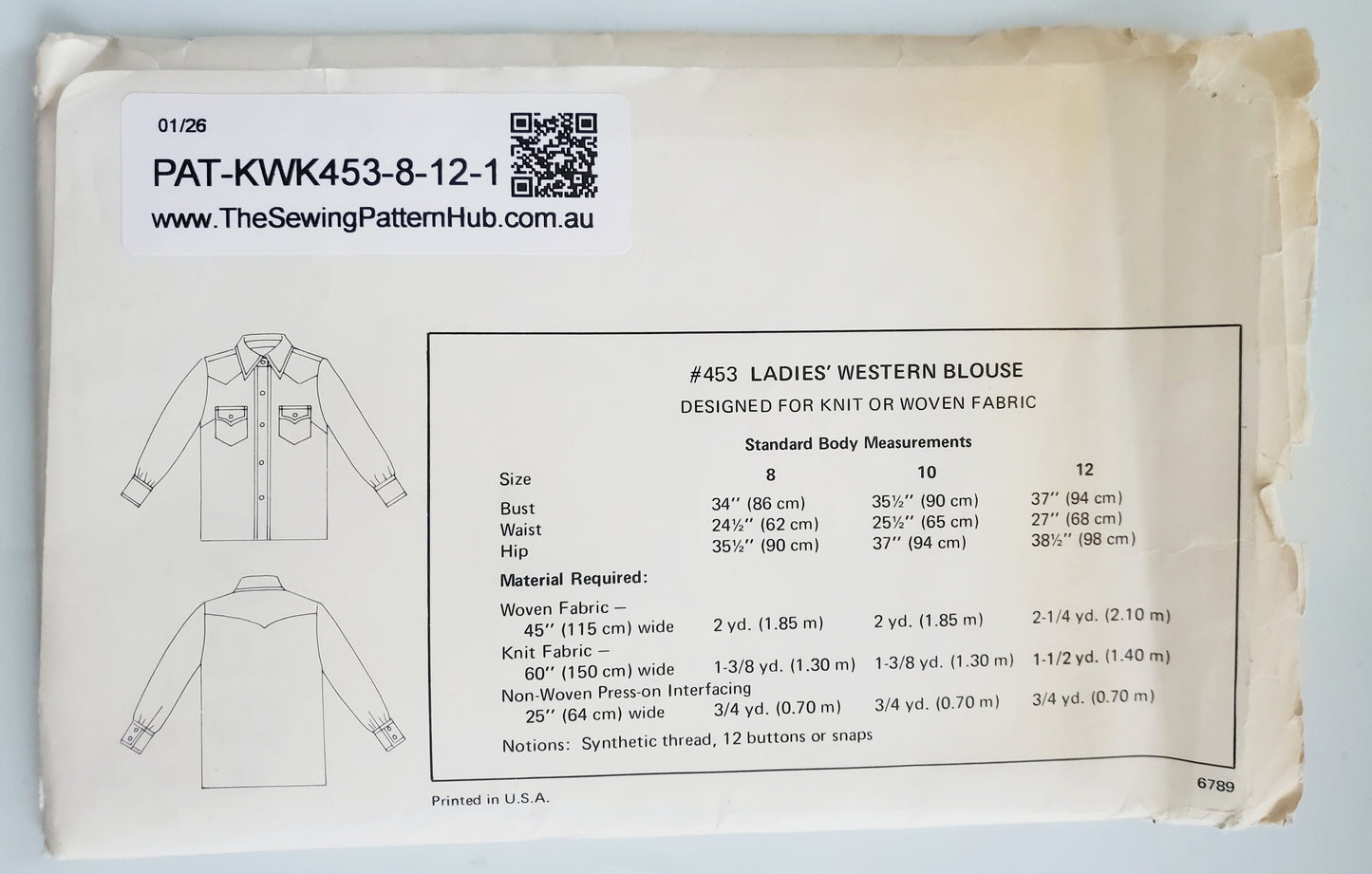 KWIK SEW Sewing Pattern 453, Vintage, Collectable, Western Blouse, Shirt, Size 8-12