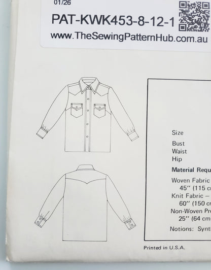 KWIK SEW Sewing Pattern 453, Vintage, Collectable, Western Blouse, Shirt, Size 8-12