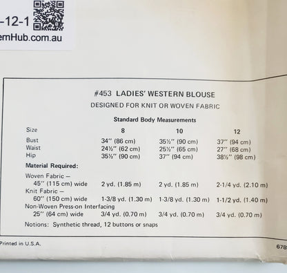 KWIK SEW Sewing Pattern 453, Vintage, Collectable, Western Blouse, Shirt, Size 8-12