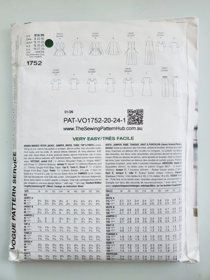 VOGUE Pattern 1752 Five Easy Pieces, Dress, Jacket, Jumper, Tunic, Top, Pants, Size 20-24