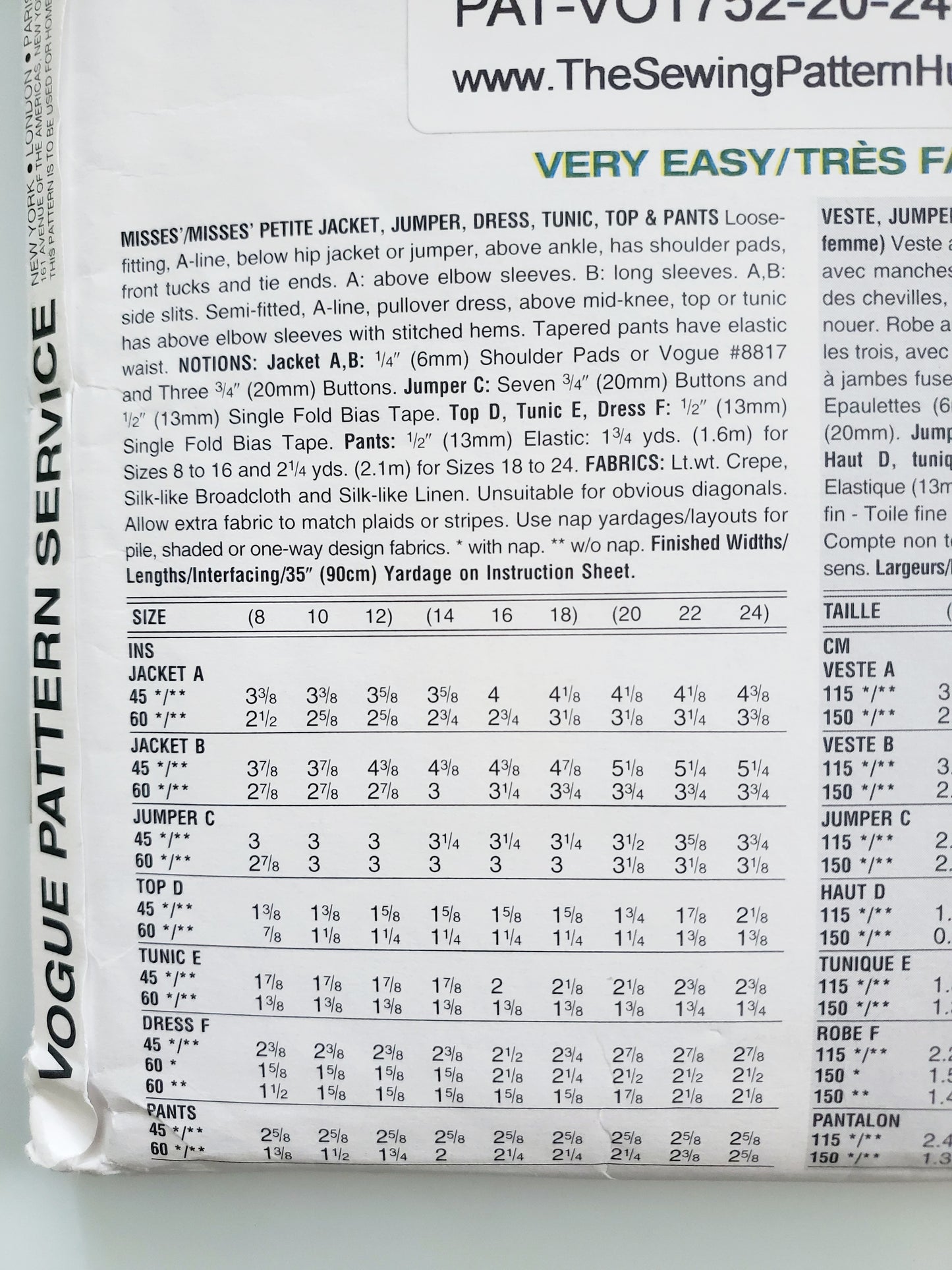 VOGUE Pattern 1752 Five Easy Pieces, Dress, Jacket, Jumper, Tunic, Top, Pants, Size 20-24