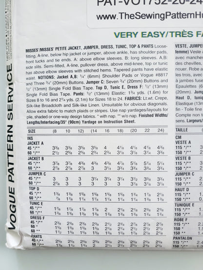 VOGUE Pattern 1752 Five Easy Pieces, Dress, Jacket, Jumper, Tunic, Top, Pants, Size 20-24