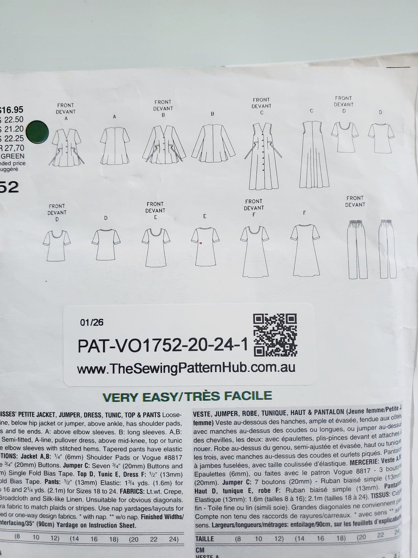 VOGUE Pattern 1752 Five Easy Pieces, Dress, Jacket, Jumper, Tunic, Top, Pants, Size 20-24