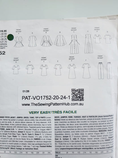VOGUE Pattern 1752 Five Easy Pieces, Dress, Jacket, Jumper, Tunic, Top, Pants, Size 20-24