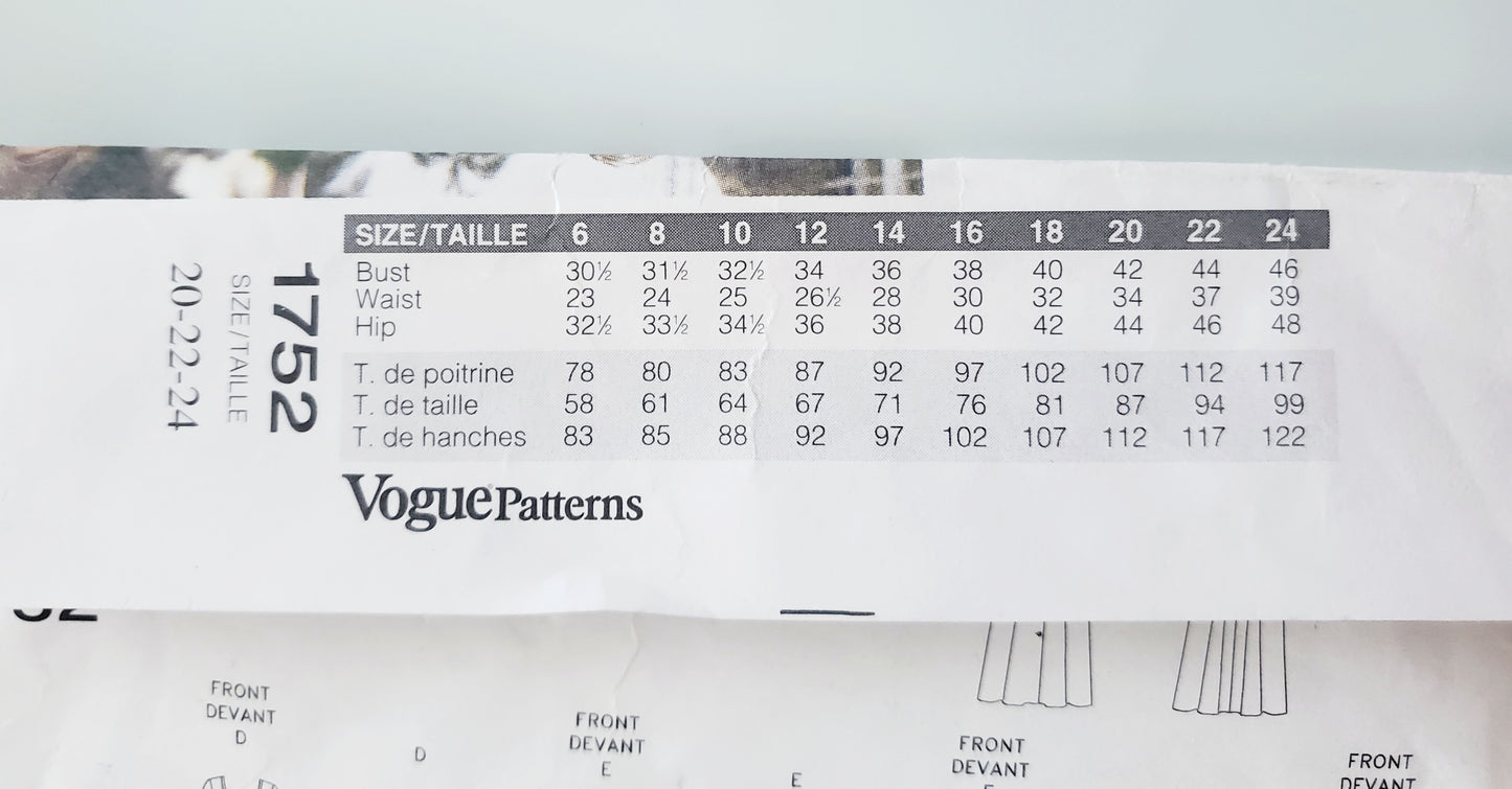 VOGUE Pattern 1752 Five Easy Pieces, Dress, Jacket, Jumper, Tunic, Top, Pants, Size 20-24