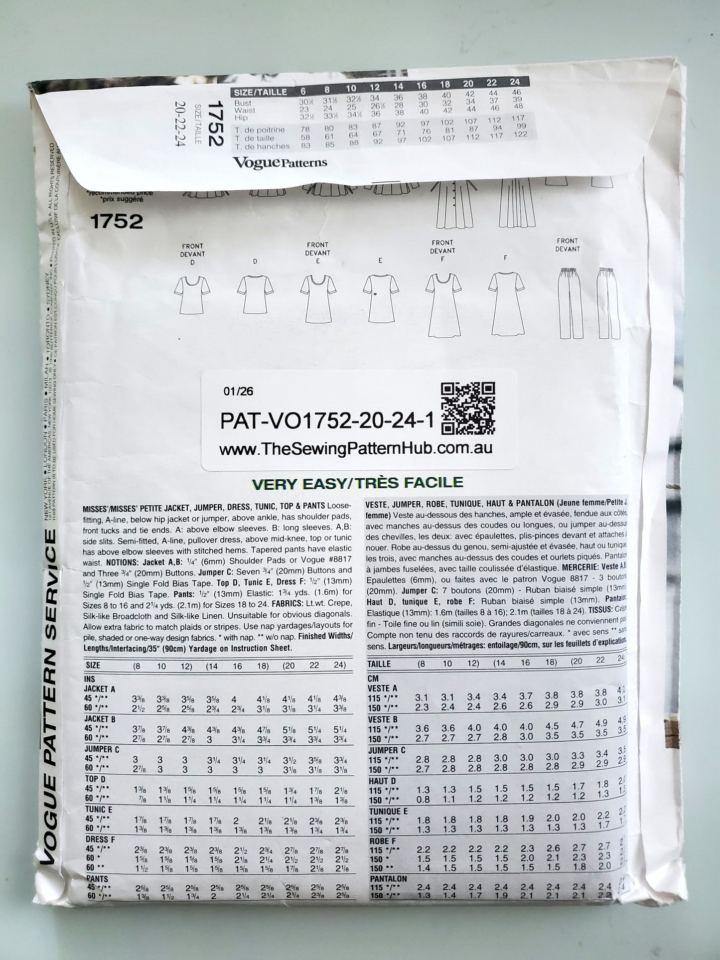 VOGUE Pattern 1752 Five Easy Pieces, Dress, Jacket, Jumper, Tunic, Top, Pants, Size 20-24