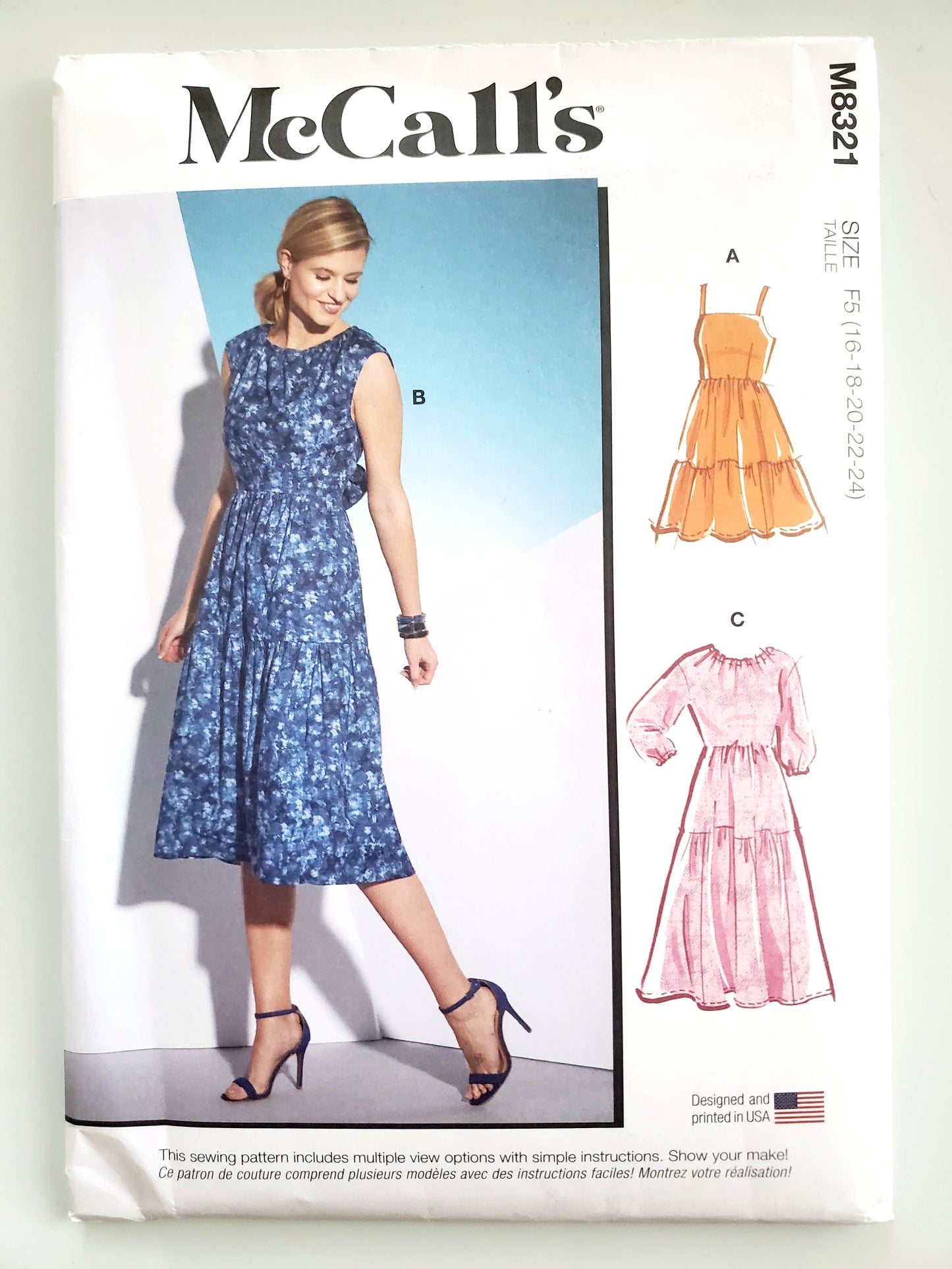 MCCALLS Sewing Pattern M8321, Tiered Dress with Back Cut Out Size 16-24