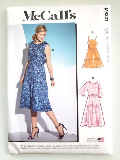 MCCALLS Sewing Pattern M8321, Tiered Dress with Back Cut Out Size 16-24