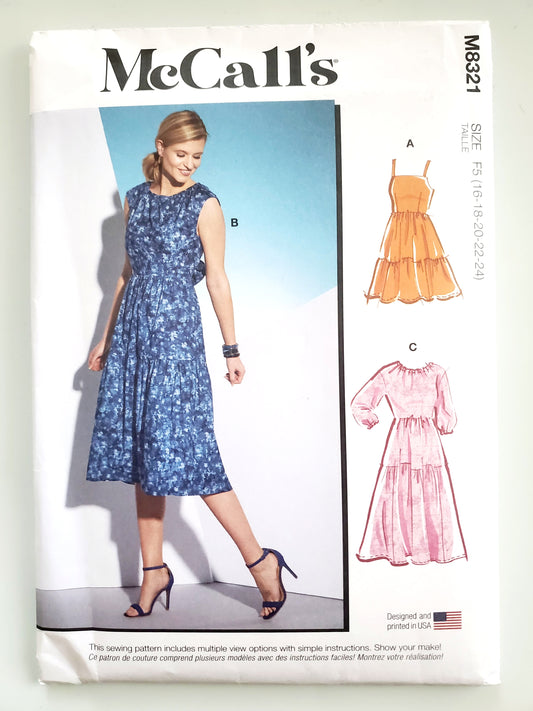 MCCALLS Sewing Pattern M8321, Tiered Dress with Back Cut Out Size 16-24