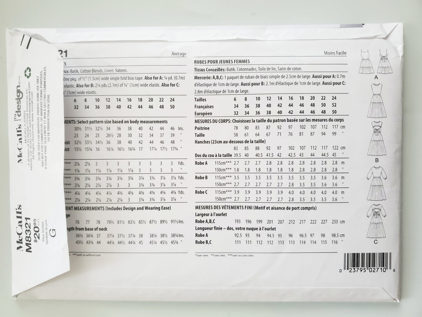 MCCALLS Sewing Pattern M8321, Tiered Dress with Back Cut Out Size 16-24