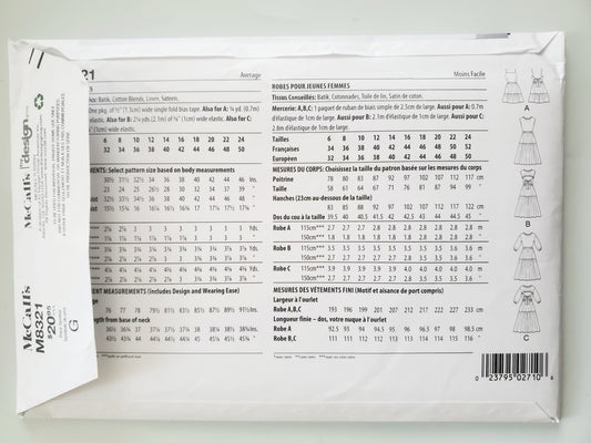 MCCALLS Sewing Pattern M8321, Tiered Dress with Back Cut Out Size 16-24