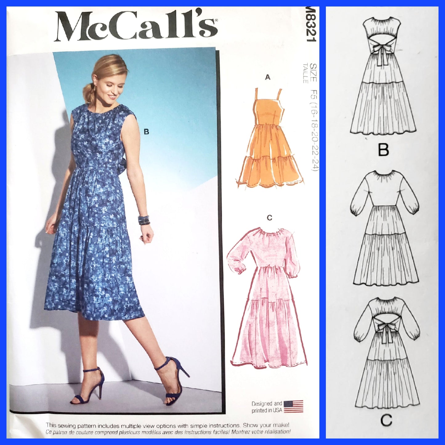 MCCALLS Sewing Pattern M8321, Tiered Dress with Back Cut Out Size 16-24