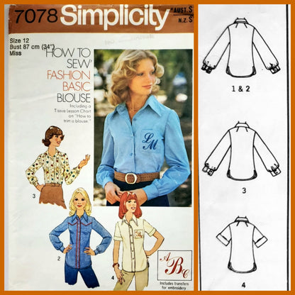 SIMPLICITY Sewing Pattern 7078, Shirt or Blouse, How To Sew, Size 12