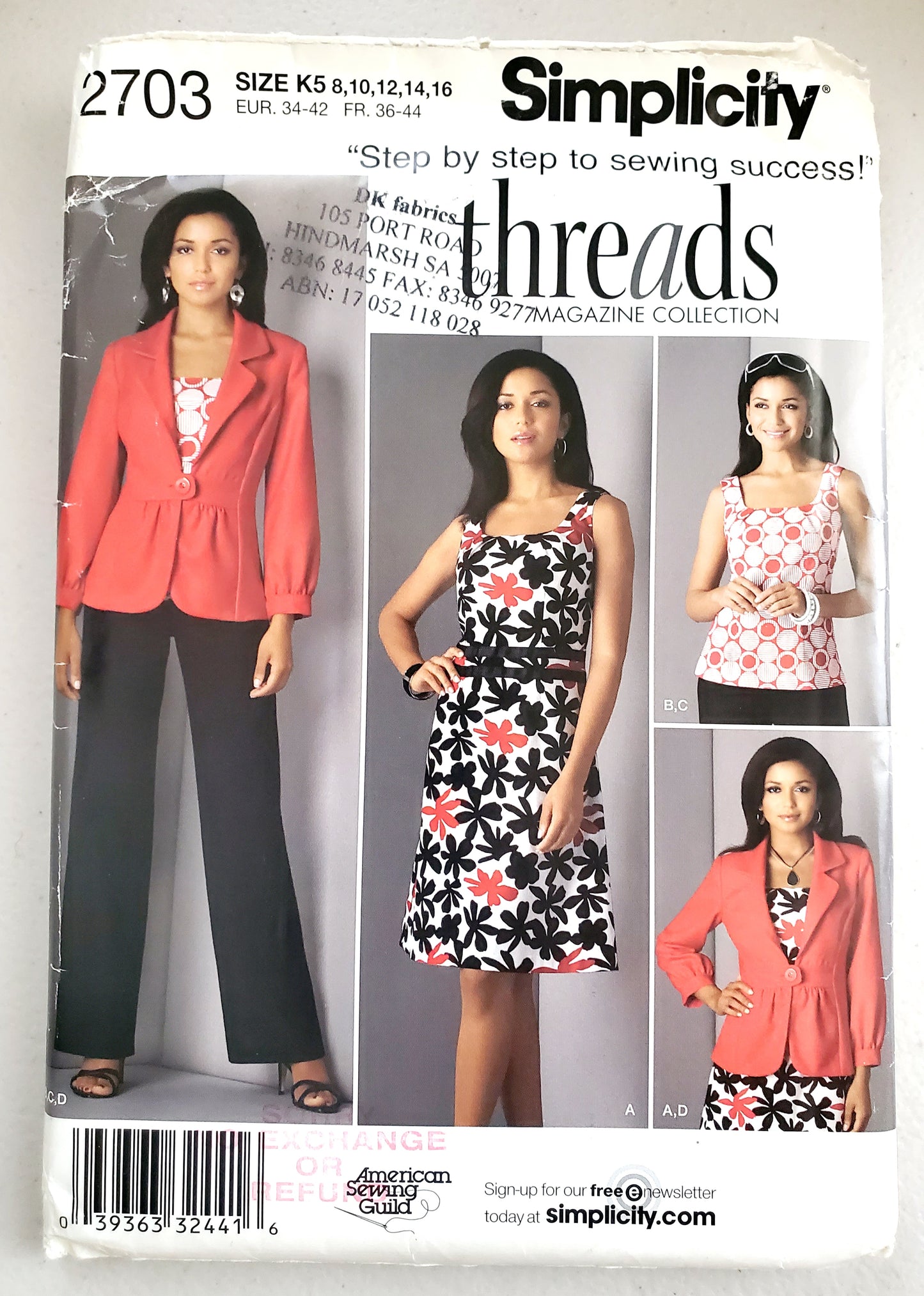 SIMPLICITY Sewing Pattern 2703, Dress, Top, Jacket, Pants, Size 8-16