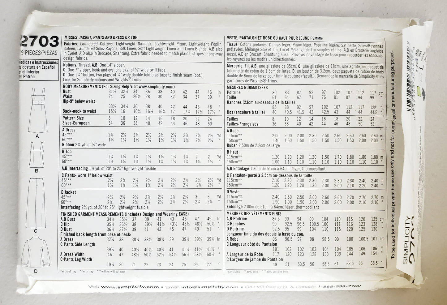 SIMPLICITY Sewing Pattern 2703, Dress, Top, Jacket, Pants, Size 8-16