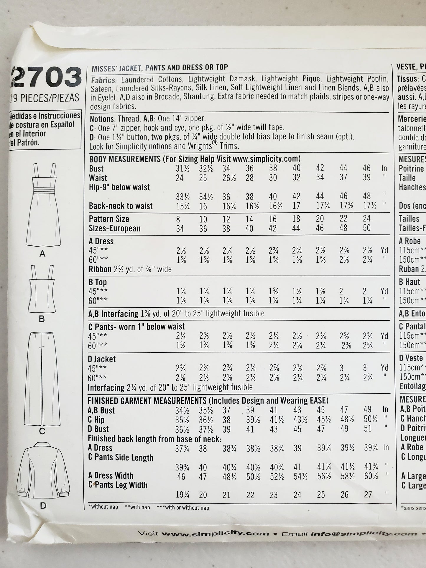 SIMPLICITY Sewing Pattern 2703, Dress, Top, Jacket, Pants, Size 8-16