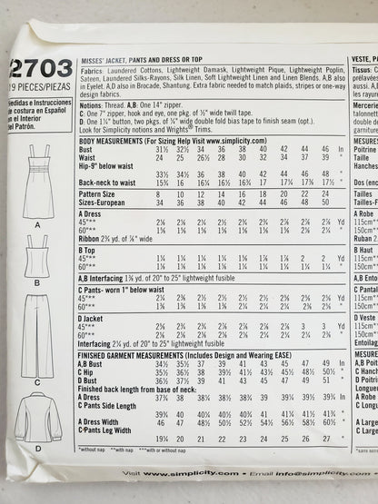 SIMPLICITY Sewing Pattern 2703, Dress, Top, Jacket, Pants, Size 8-16