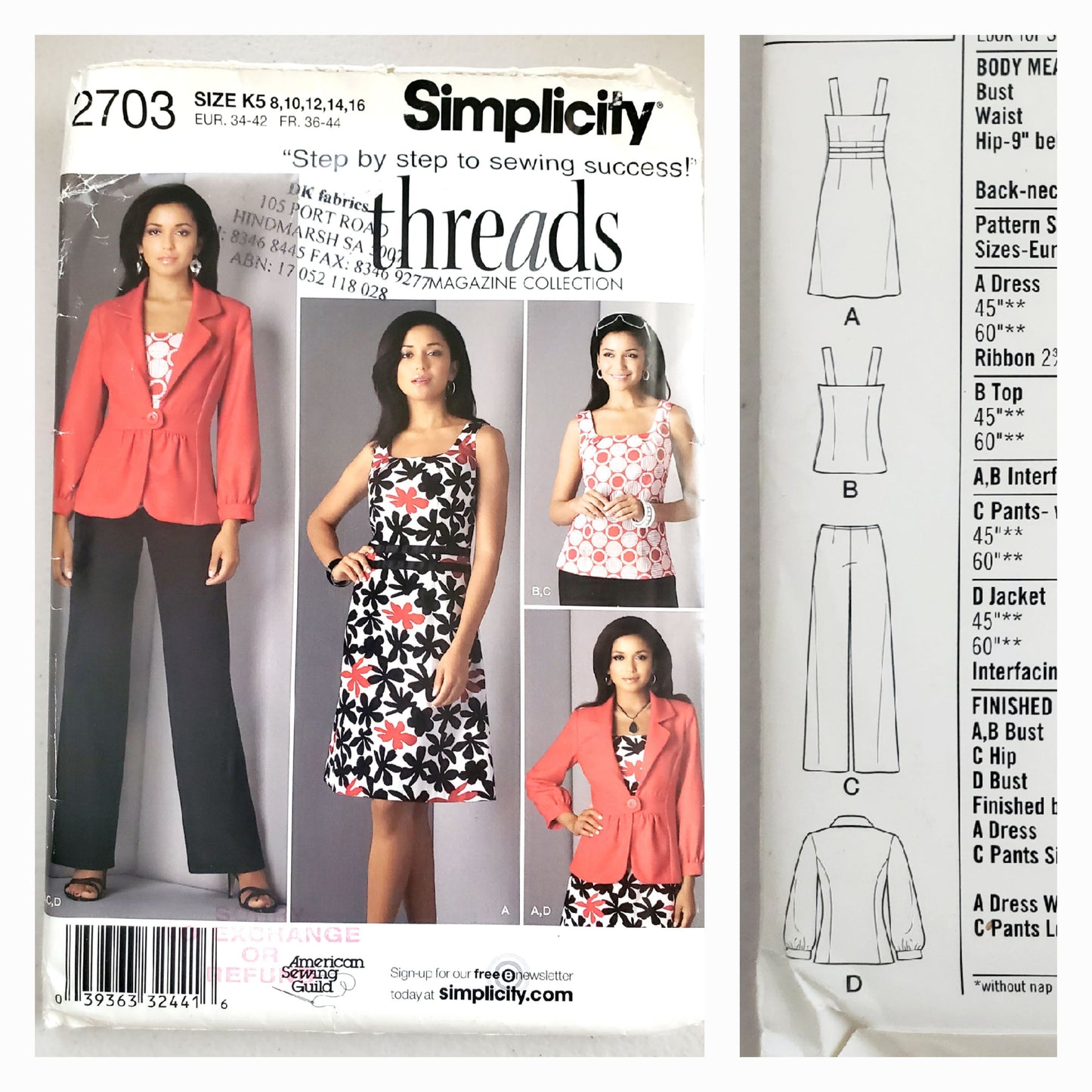 SIMPLICITY Sewing Pattern 2703, Dress, Top, Jacket, Pants, Size 8-16