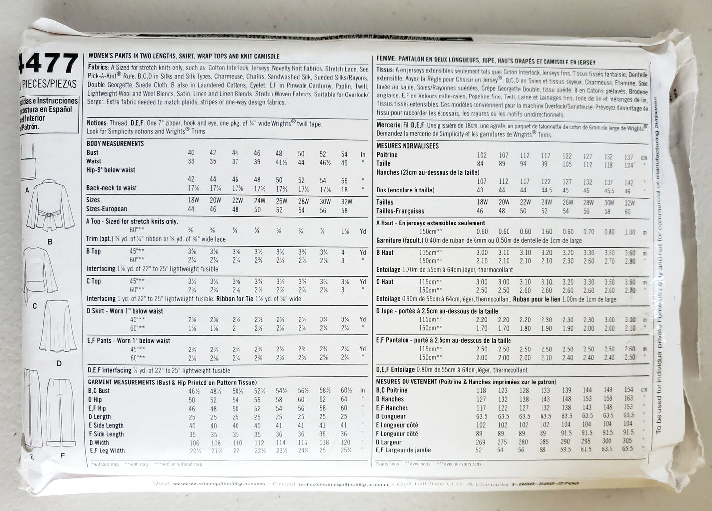SIMPLICITY Sewing Pattern 4477, Pants Skirt, Wrap Tops, Knit Camisole Plus Size 18-24