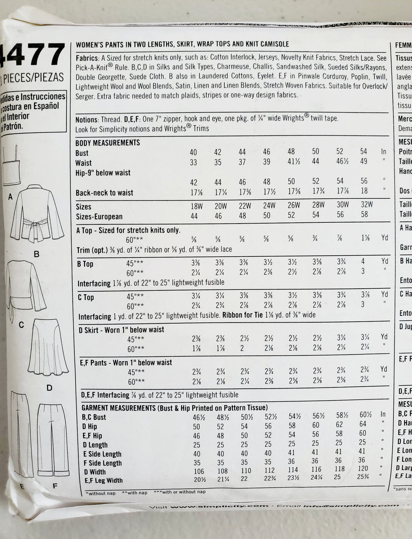 SIMPLICITY Sewing Pattern 4477, Pants Skirt, Wrap Tops, Knit Camisole Plus Size 18-24