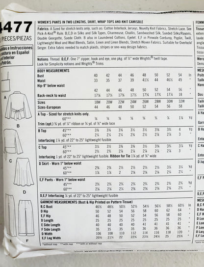 SIMPLICITY Sewing Pattern 4477, Pants Skirt, Wrap Tops, Knit Camisole Plus Size 18-24