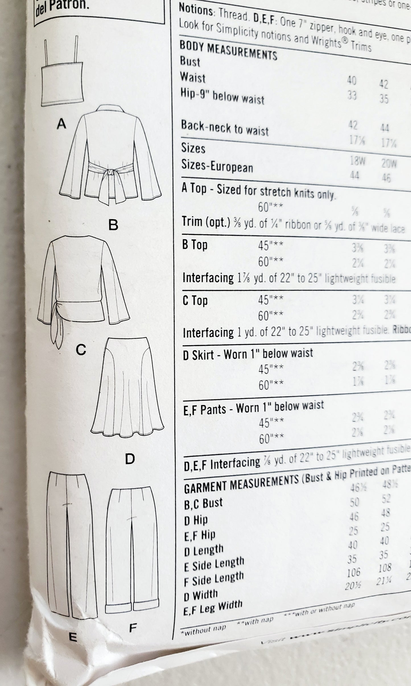 SIMPLICITY Sewing Pattern 4477, Pants Skirt, Wrap Tops, Knit Camisole Plus Size 18-24
