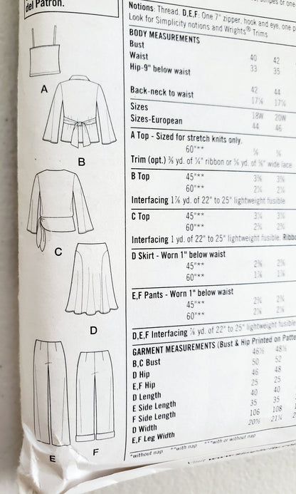 SIMPLICITY Sewing Pattern 4477, Pants Skirt, Wrap Tops, Knit Camisole Plus Size 18-24