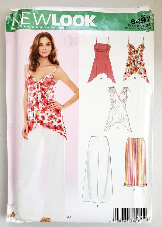 NEW LOOK Sewing Pattern 6497, Tops, Pants, Cropped Pants, Spaghetti Straps, Size 10-22